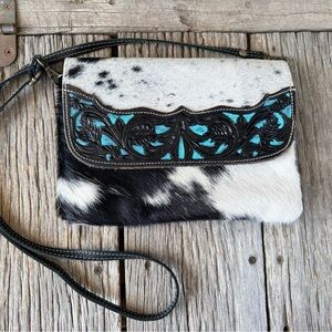 Myra Bag Blue Crescent Hand Tooled Leather Cow Hide Hair On Bag purse